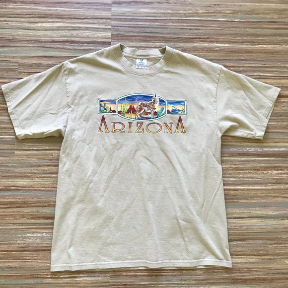 Arizona Beige T-Shirt Southwestern Desert Coyote Print Vintage Air Waves - Picture 3 of 6